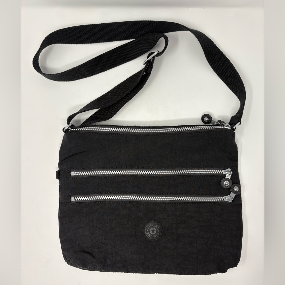 Kipling Black Canvas Large Crossbody Bag Zip Compartments Travel Messenger Purse